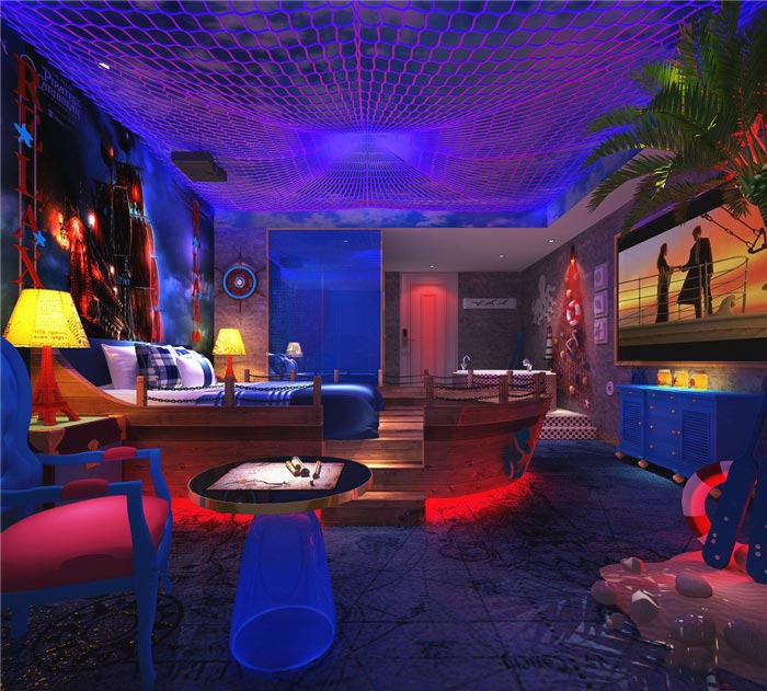 情侶主題酒店海盜船客房裝修設計案例效果圖