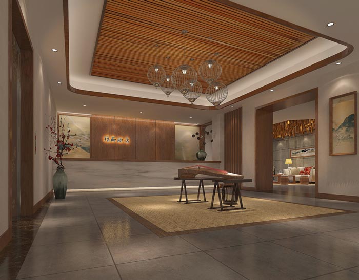 中式風格精品酒店前臺裝修設計案例效果圖