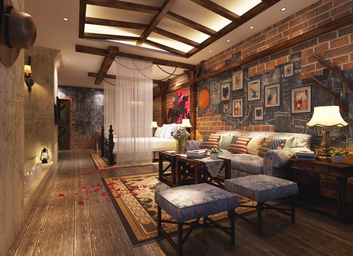 浪漫情侶酒店鄉村客房裝修設計案例效果圖