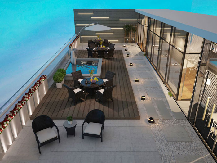 現代中式辦公會所陽臺設計效果圖